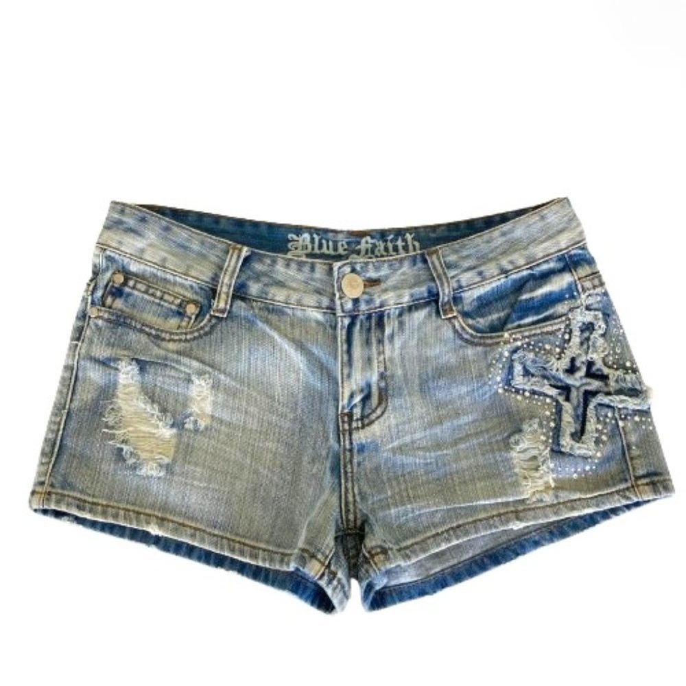 Blue Faith Embelished Distressed Denim Shorts Women's Jr Size 9/10
